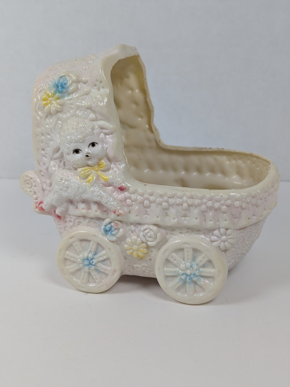 Vintage Plastic Lamb Baby Carriage Planter Nursery Decor Pastel Japan MCM